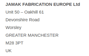 Business address for Jamak Fabrication Europe Ltd (JFE)
